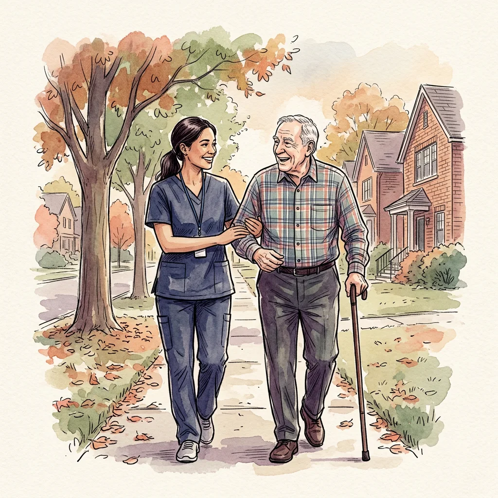 Illustration of a home care aide walking arm in arm with an older man